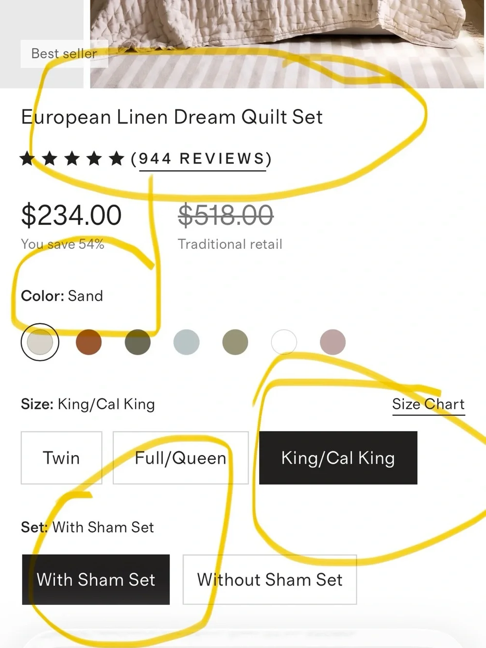 NEW QUINCE KING $234 European Linen Dream Quilt 3pc Set in sand